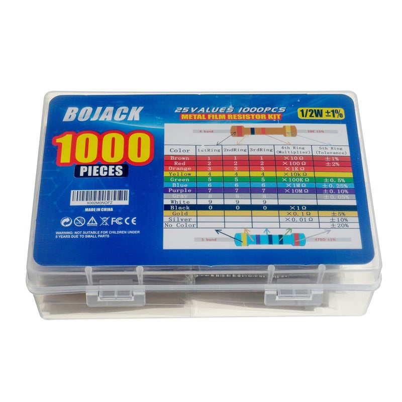 BOJACK 1000 Pcs 25 Values Resistor Kit 1 Ohm-1M Ohm with 1% 1/2W Metal Film Resistors Assortment - Image 3